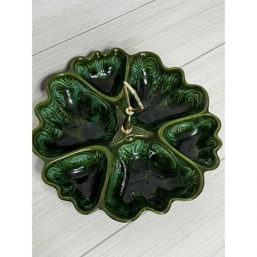 Vintage Art Deco Green Ceramic Divided Serving Tray with Gold Handle Floral Leaf